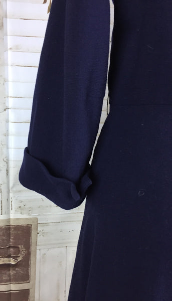 Original 1940s 40s Volup Vintage Navy Blue Wool Asymmetric Pin Tucked Day Dress