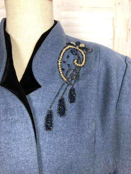 Fabulous Original Late 1940s Volup Vintage Steel Blue Beaded Skirt Suit