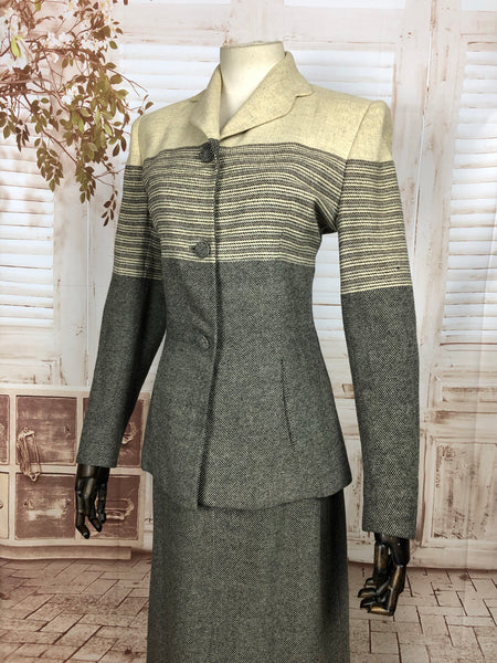 Incredible Cream And Grey Original 1940s 40s Chevron Stripe Skirt Suit