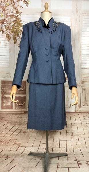 Fabulous Original Late 1940s Volup Vintage Steel Blue Beaded Skirt Suit