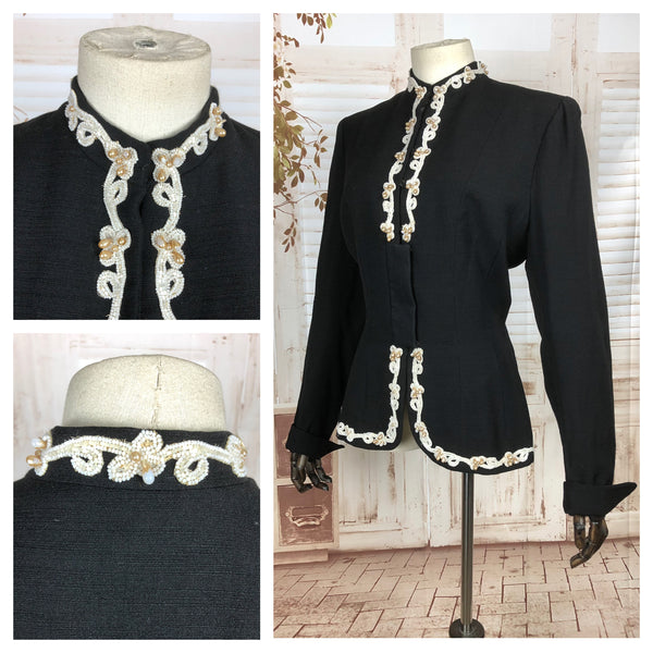 Original Vintage 1950s 50s Black Crepe Jacket With Beaded Trim By Lilli Ann