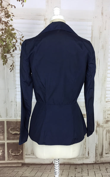 Original 1940s 40s Vintage Navy Blue Taffeta Riding Jacket With Peplum And Mother Of Pearl Buttons