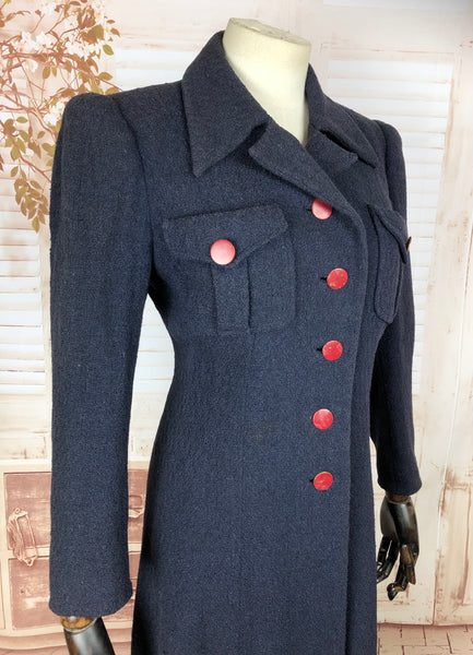 Super Rare Late 1930s / Early 1940s Wartime Vintage Navy Puff Sleeve Coat By Hattie Carnegie