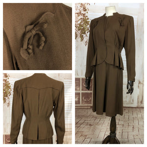 RESERVED FOR SENDI - PLEASE DO NOT PURCHASE - Fabulous Vintage 1940s 40s Brown Crepe Collarless Skirt Suit With Peplum