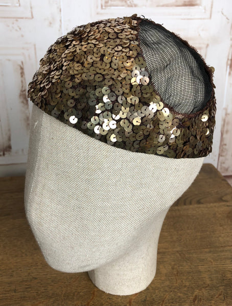 Cute Original 1930s Vintage Gold Sequinned Netted Evening Cap NRA Label