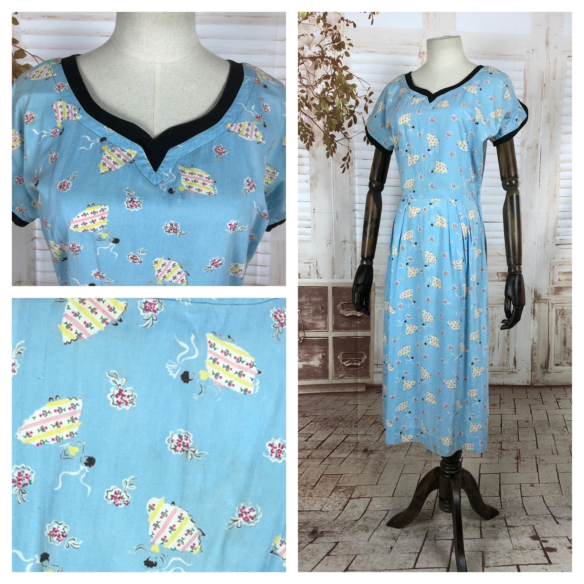 Original 1940s 40s Vintage Feed Sack Sky Blue Novelty Print Day Dress