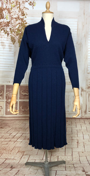 Beautiful Original Late 1940s / Early 1950s Volup Vintage Sapphire Blue Knit Dress By Kims