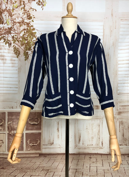 Gorgeous Late 1940s / Early 1950s Vintage Navy Blue Casual Jacket With Embroidered Stripes