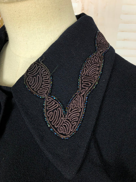 Amazing Original 1940s 40s Volup Vintage Navy Blue Swing Coat With Beaded Soutache Collar And Cuffs