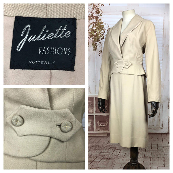 Original Early 1950s 50s Vintage Cream Suit With Unusual Button Fastening By Juliette Fashions