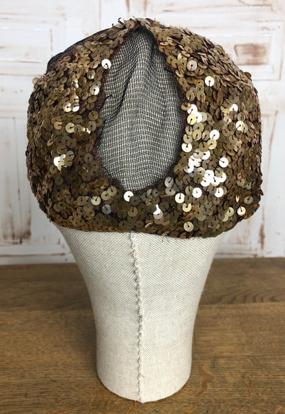 Cute Original 1930s Vintage Gold Sequinned Netted Evening Cap NRA Label