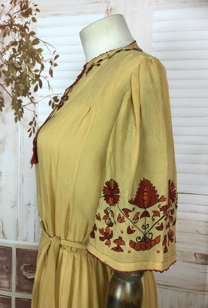 RESERVED FOR PAMELA - Incredible Rare Late 1920s Early 1930s Eastern European Hungarian Embroidered Yellow Silk Folk Dress