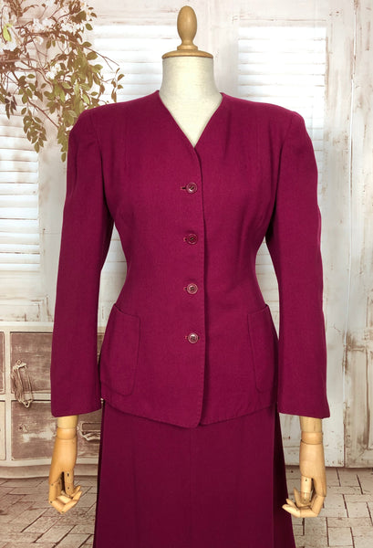 LAYAWAY PAYMENT 1 OF 2 - RESERVED FOR ANJA - Amazing Original 1940s Vintage Fuchsia Pink Collarless Skirt Suit