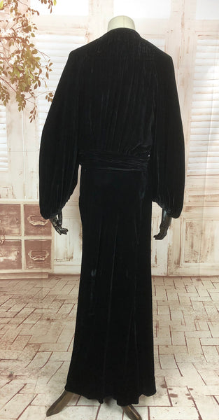 RESERVED FOR DAWN - PLEASE DO NOT PURCHASE - Original 1930s 30s Vintage Black Rayon Velvet Femme Fatale Evening Dress With Incredible Bishop Sleeves