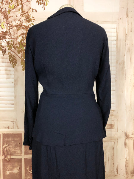 Original 1930s 30s Vintage Navy Blue Textured Crepe Skirt Suit