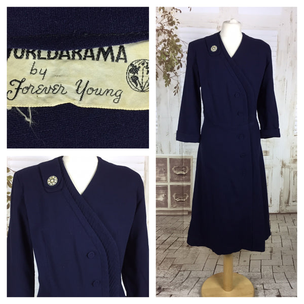 Original 1940s 40s Volup Vintage Navy Blue Wool Asymmetric Pin Tucked Day Dress