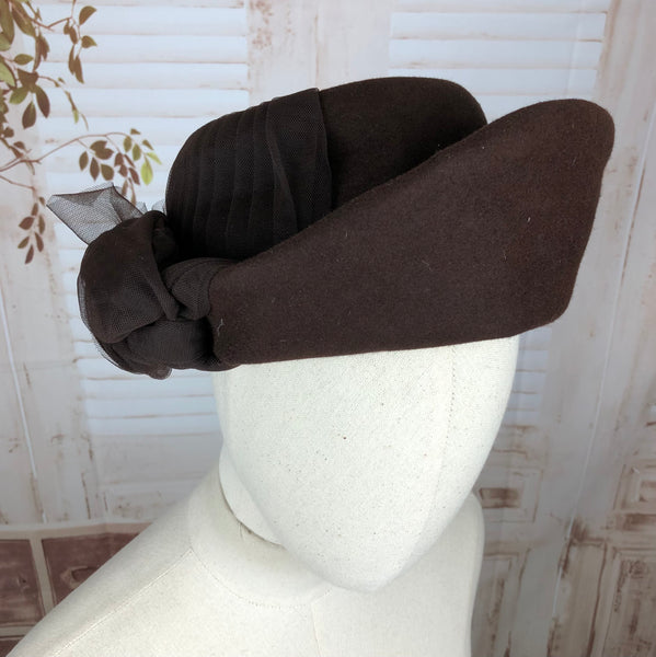Original 1940s 40s Brown Felt Hat with Pleated Detail By New York Creations
