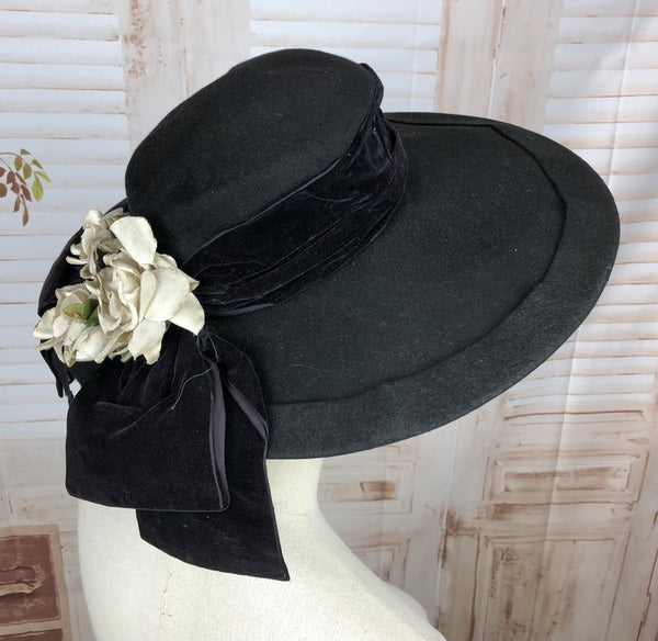 Huge 1940s 40s Vintage Black Saucer Platter Hat With Flowers