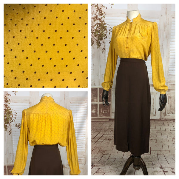 Original 1930s 30s Vintage Mustard Yellow Bishop Sleeve Blouse With Gathered Puff Shoulders