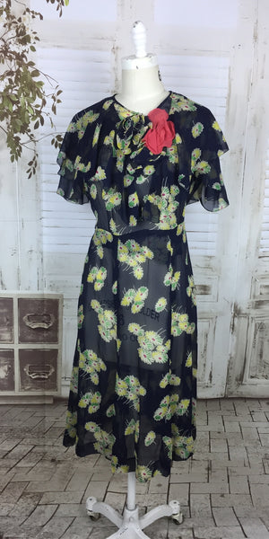 LAYAWAY PAYMENT 1 OF 2 - RESERVED FOR MICHELE - Original 1930s Navy Blue Chiffon Dress With Yellow Flowers And Cape Back