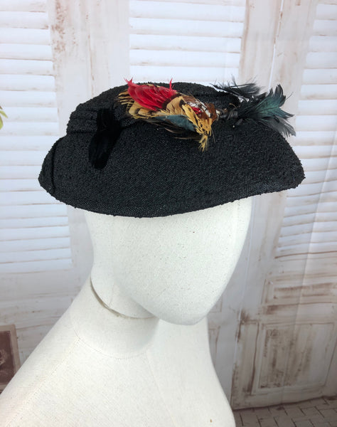 Original 1950s 50s Vintage Black Straw New Look Hat with Feathers