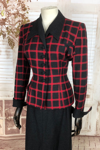 Original 1940s 40s Vintage Red And Grey Plaid Skirt Suit By Barbara Scott