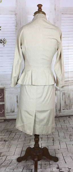 Original 1940s 40s Vintage Petite Cream Linen Summer Skirt Suit With Origami Hip Detail By Sara Simon