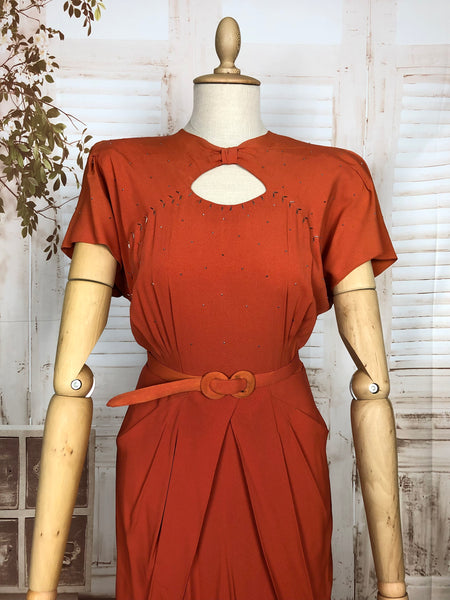 Exceptional Original Late 1930s / Early 1940s Orange Studded Cocktail Dress With Keyhole Detail