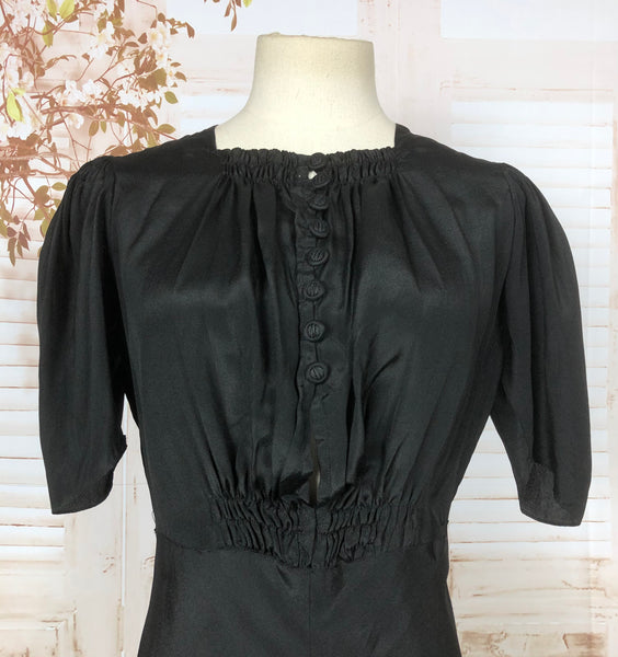 Stunning Original 1930s 30s Black Satin Femme Fatale Puff Sleeve Dress
