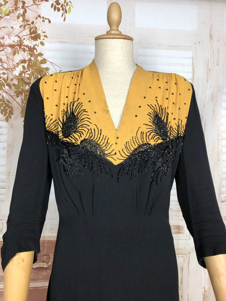 Exquisite Original 1940s Volup Vintage Two Tone Mustard Yellow And Black Beaded Colour Block Dress