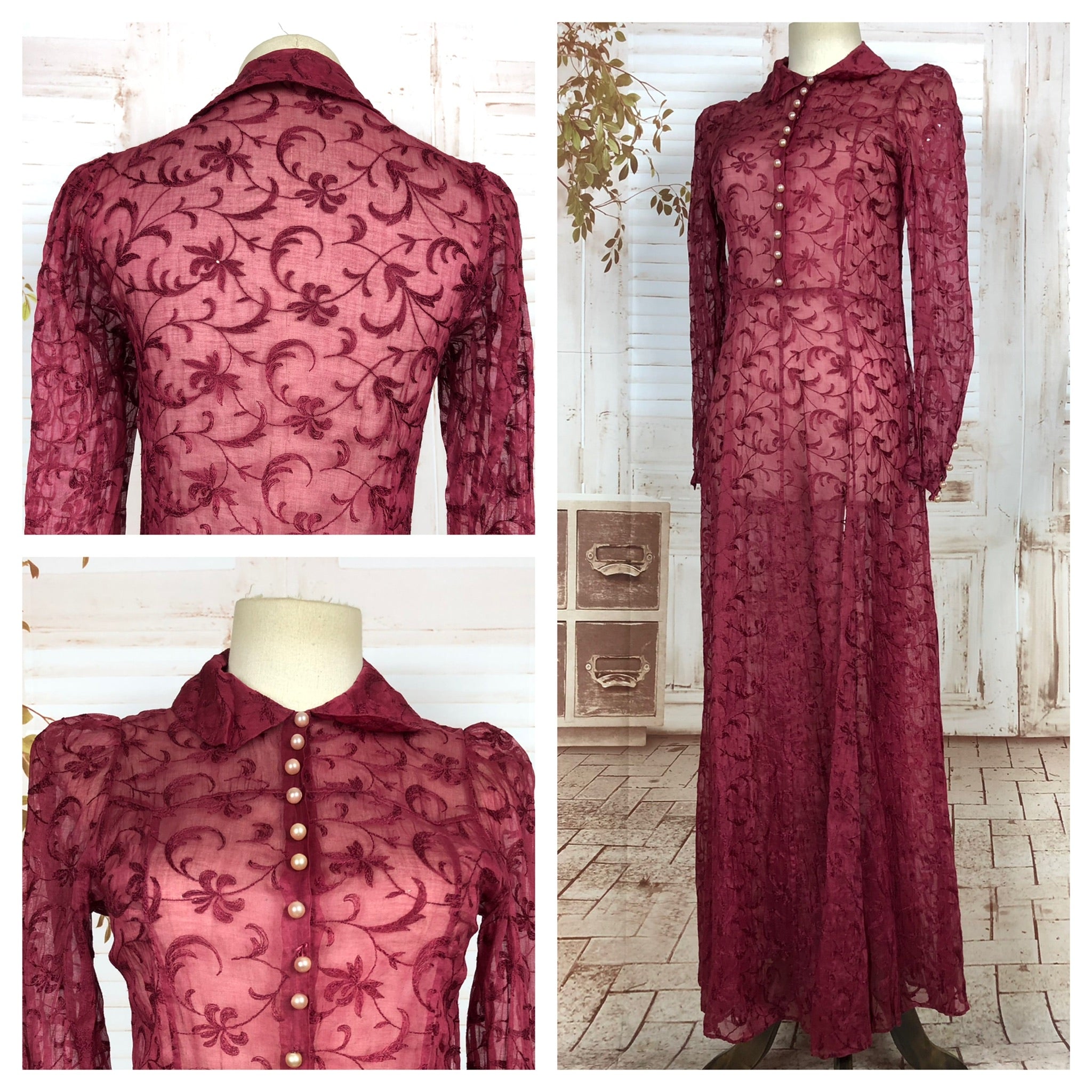 Stunning Original 1930s Vintage Burgundy Embroidered Full Length Dress With Puff Sleeves