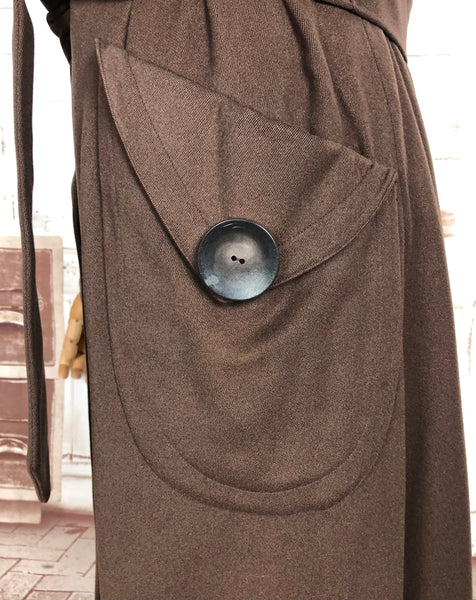 Wonderful Original 1940s Vintage Chocolate Brown Belted Wool Gabardine Princess Coat