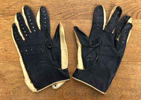 Beautiful Original Late 1940s / Early 1950s Navy And Cream Leather Driving Gloves