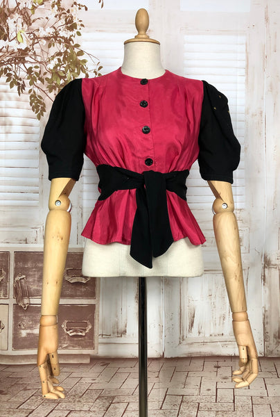 Incredible Original Late 1930s / Early 1940s Vintage Hot Pink And Black Studded And Belted Puff Sleeve Blouse