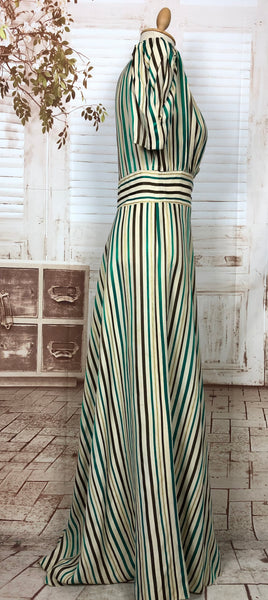 Extraordinary Original Late 1930s 30s / Early 1940s 40s Vintage Full Length Green Striped Maxi Dress