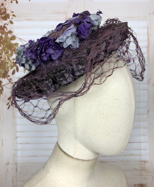 Magnificent Original 1940s 40s Purple Straw And Flower Hat With Beautiful Veil By Milgrim