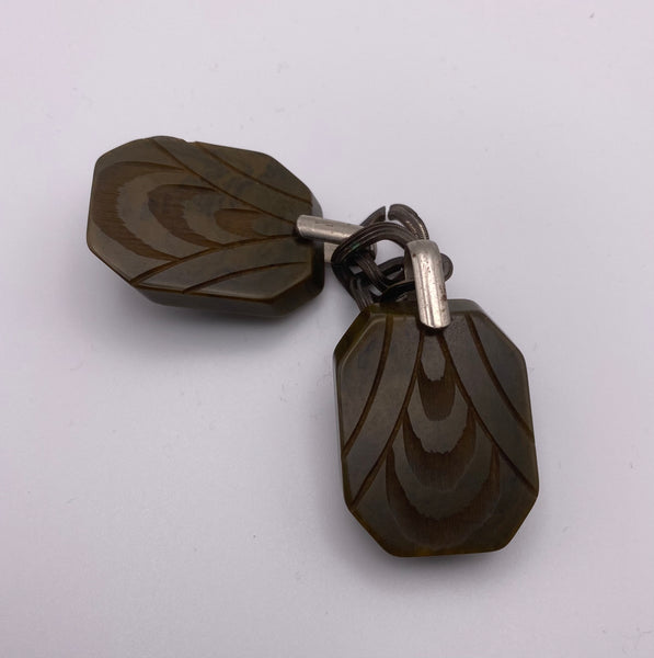 Stunning Original 1930s 30s Vintage Brown Olive Green Carved Bakelite Cloak Clasp