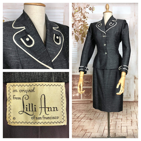 Exquisite Original 1950s Vintage Charcoal Grey Silk Mohair Lilli Ann Suit