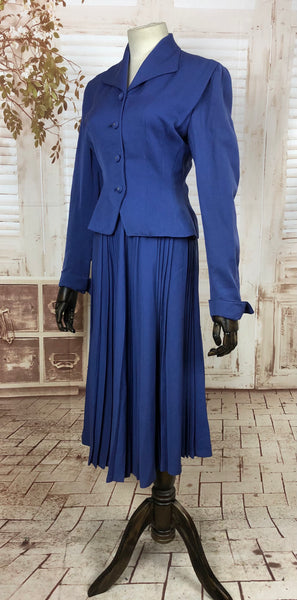 Original Late 1940s 40s Vintage Purple Blue Skirt Suit With Pleated Skirt