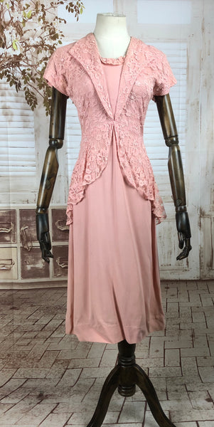 Original Vintage 1940s 40s Pink Crepe And Lace Dress By Adrian