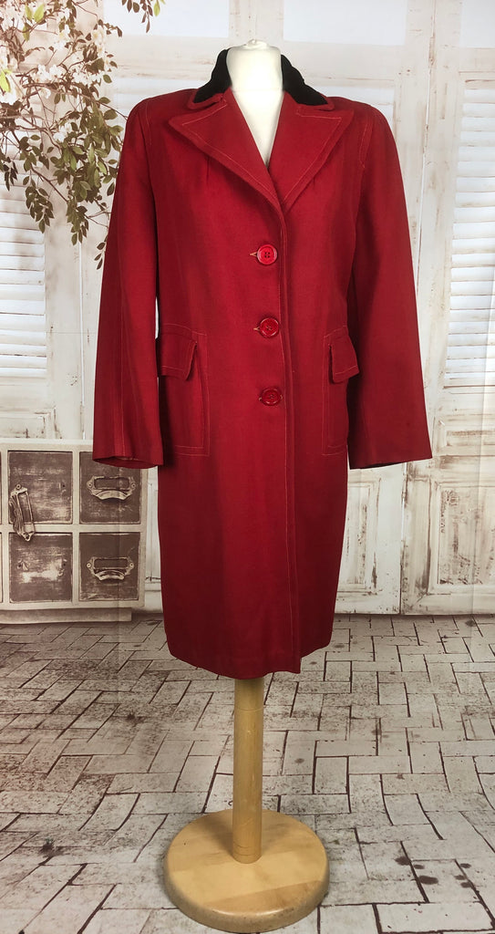 Original 1940s 40s Vintage Red Lightweight Wool Coat With Black Velvet ...