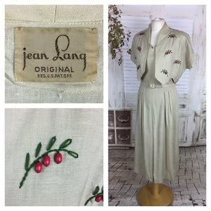 Original 1950s Vintage Stone Coloured Linen Dress And Bolero Set With Red Bead Berries And Green Embroidered Stems By Jean Lang