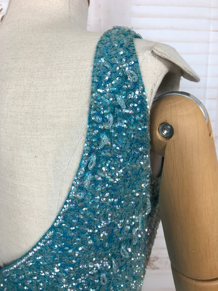 LAYAWAY PAYMENT 1 OF 5 - RESERVED FOR LINDSAY - Exceptional Original 1950s Vintage Fully Beaded Turquoise Gown Hollywood Dress Unlabelled Gene Shelly