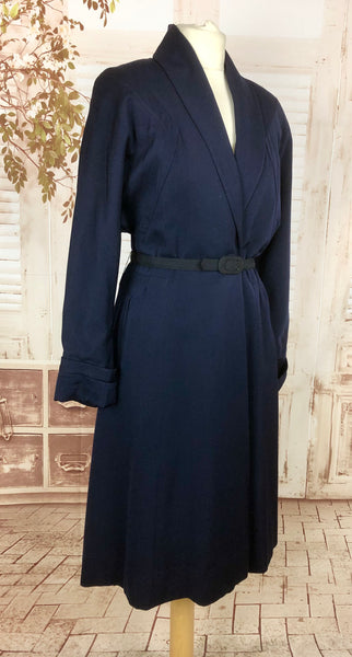 Original 1940s 40s Volup Vintage Navy Blue Gabardine Fit And Flare Princess Coat By Juilliard