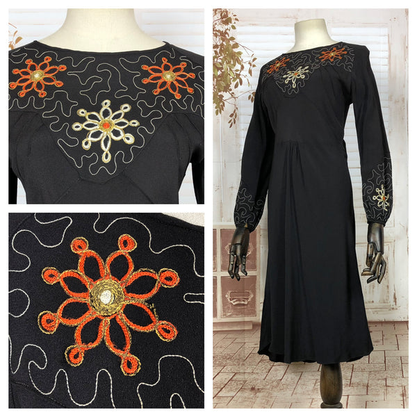 Amazing Original 1930s 30s Vintage Black Dress With Stunning Soutache Embroidery And Bishop Sleeves