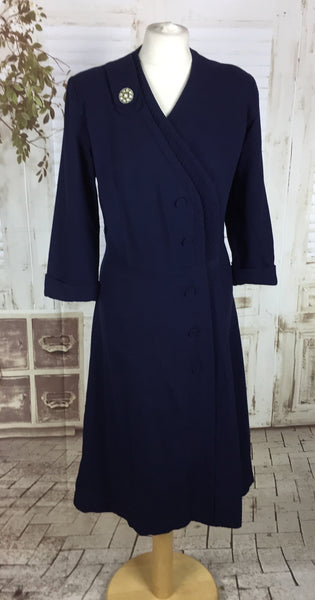 Original 1940s 40s Volup Vintage Navy Blue Wool Asymmetric Pin Tucked Day Dress