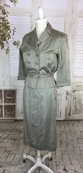 Original 1940s Vintage Grey Rayon Double Breasted And Belted Skirt Suit Petite