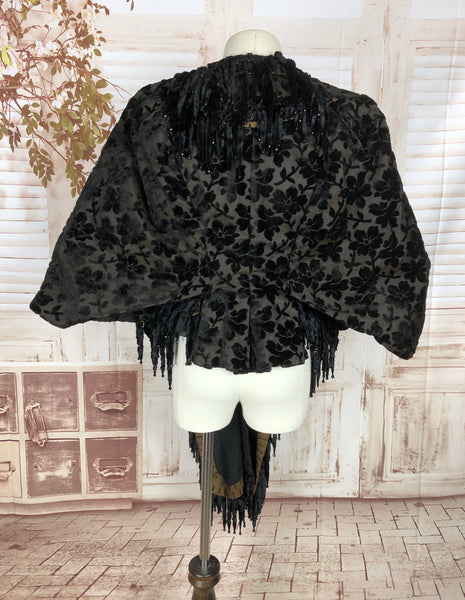 Original 1800s Victorian Raised Flower Pattern Devoré Velvet Cape With Mole Fur Tassels