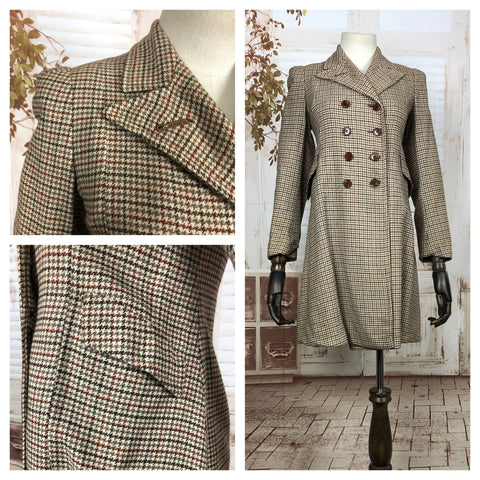 Original 1940s 40s Petite Vintage Brown Double Breasted Houndstooth Wool Coat