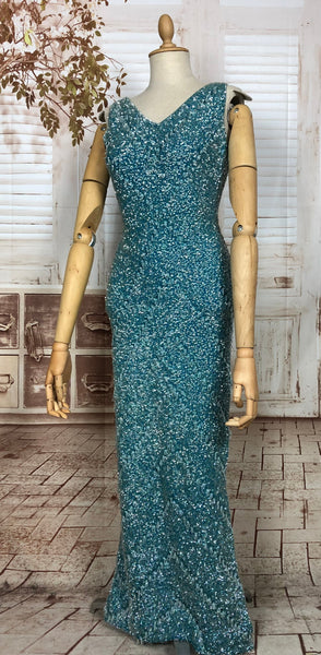 LAYAWAY PAYMENT 1 OF 5 - RESERVED FOR LINDSAY - Exceptional Original 1950s Vintage Fully Beaded Turquoise Gown Hollywood Dress Unlabelled Gene Shelly